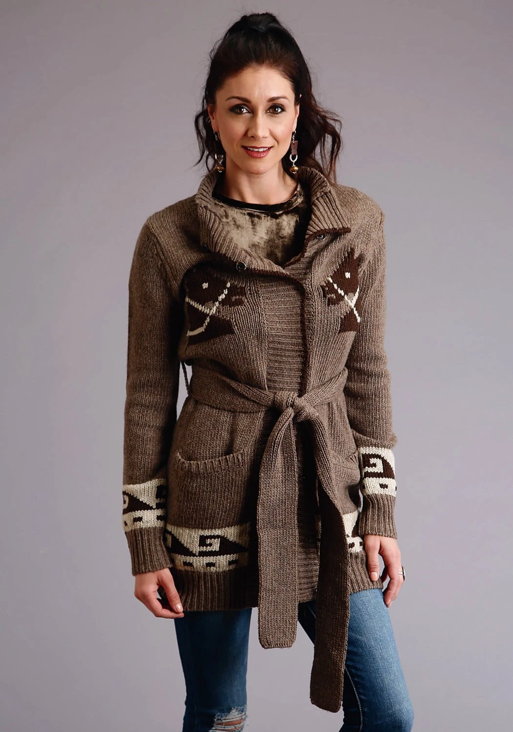 Stetson Womens Brown Wool Blend Long Cardigan Horses Sweater 1 Stetson Womens Brown Wool Blend Long Cardigan Horses Sweater