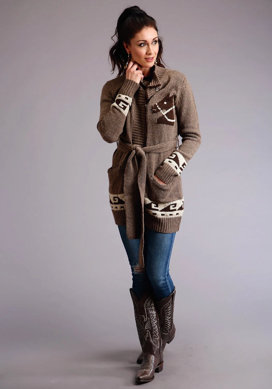 Stetson Womens Brown Wool Blend Long Cardigan Horses Sweater 2 Stetson Womens Brown Wool Blend Long Cardigan Horses Sweater - Image 2