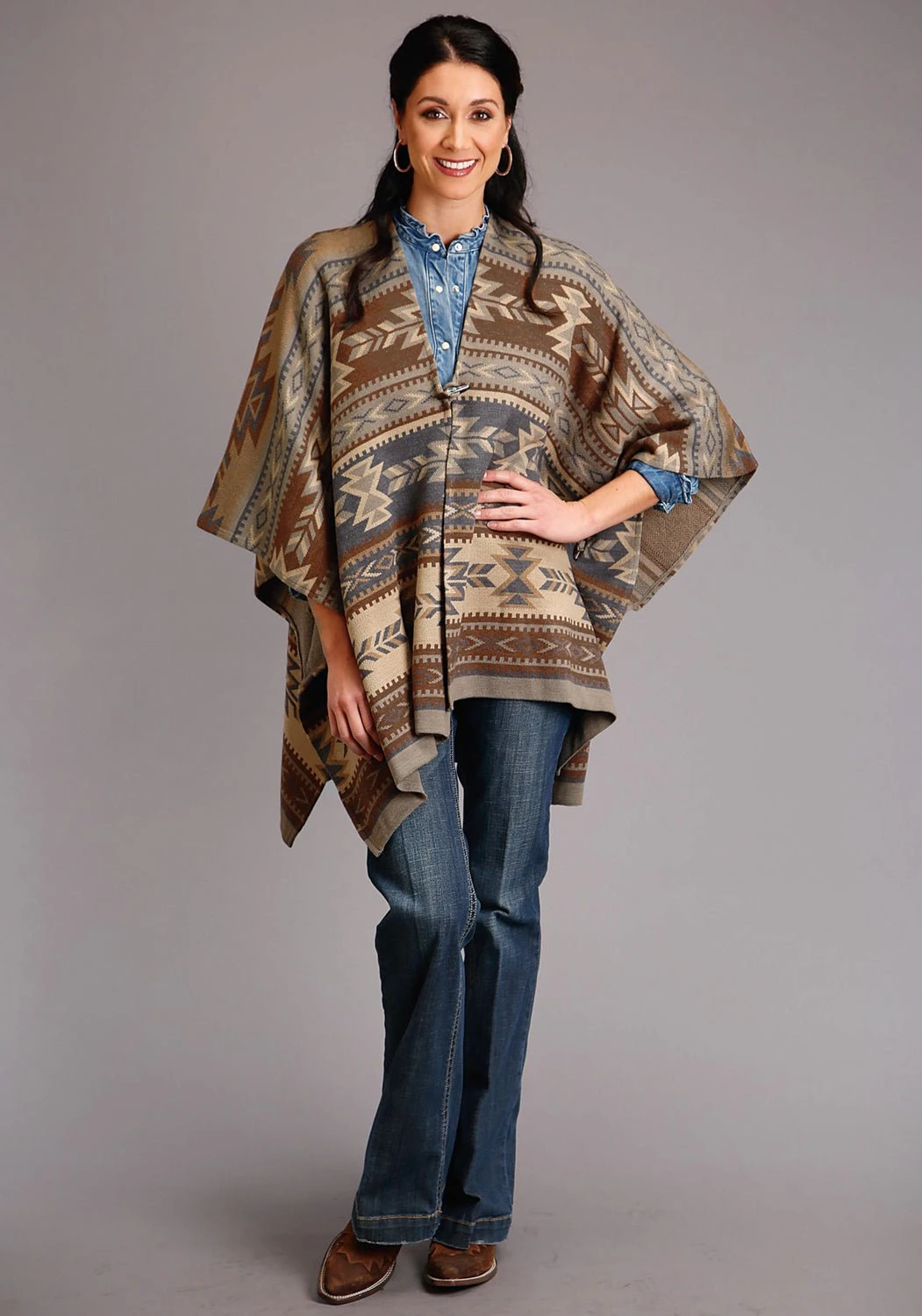Stetson Womens Brown Multi Acrylic Aztec Poncho Sweater 1 Stetson Womens Brown Multi Acrylic Aztec Poncho Sweater