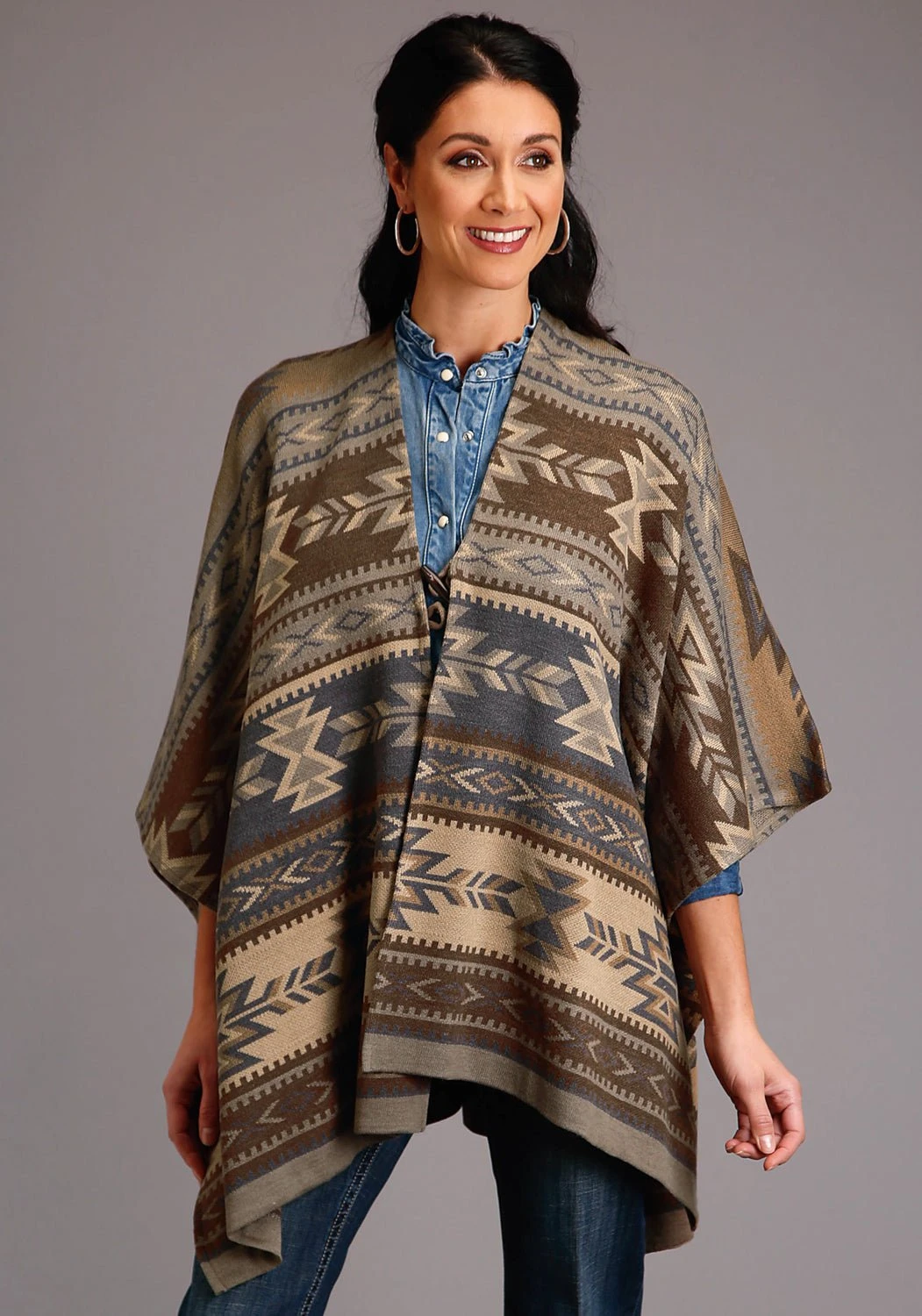 Stetson Womens Brown Multi Acrylic Aztec Poncho Sweater 2 Stetson Womens Brown Multi Acrylic Aztec Poncho Sweater - Image 2