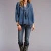 Stetson Womens Blue Denim Denim Pullover Peasant S/S Blouse