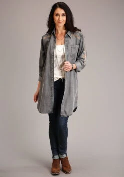 Stetson Womens Black Wash Denim Self Tie Snap L/S Western Dress -Stetson Shop 1105705650117c