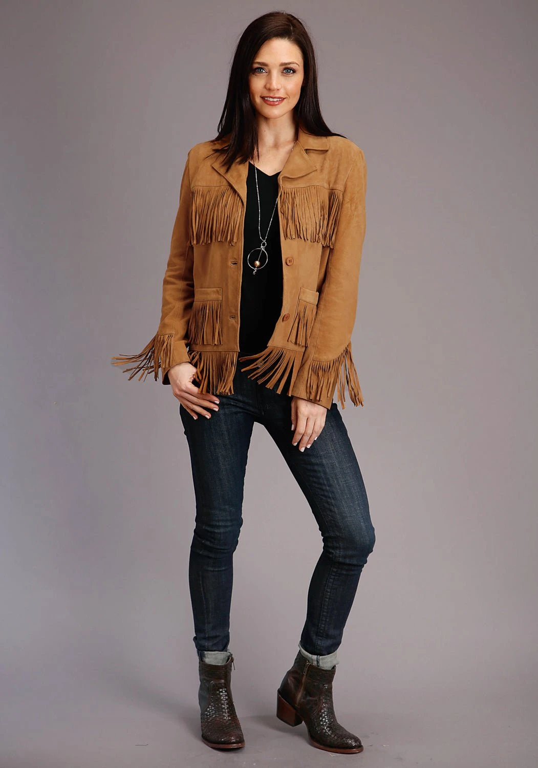 Stetson Womens Tan Leather Thick Suede Fringe Jacket 2 Stetson Womens Tan Leather Thick Suede Fringe Jacket - Image 2