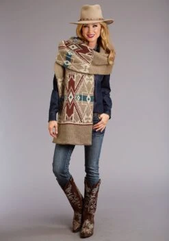 Stetson Womens Tan Multi Wool Blend Aztec Knit Sweater Scarf
