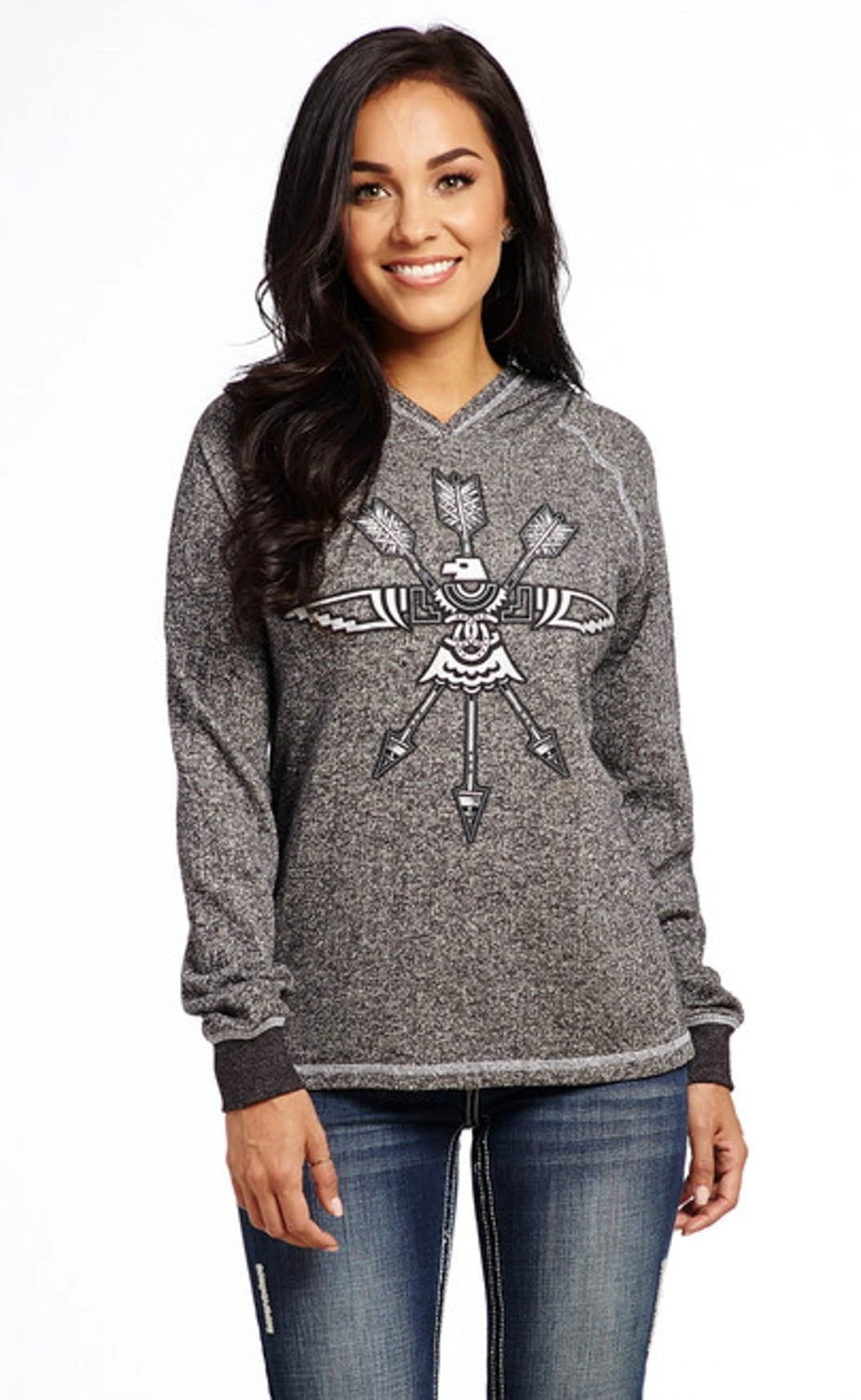 Cowgirl Up Womens Metallic Print French Terry Heather Grey Cotton Blend Hoodie 1 Cowgirl Up Womens Metallic Print French Terry Heather Grey Cotton Blend Hoodie