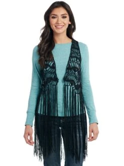 Cowgirl Up Womens Black Polyester Crochet Fringe Vest
