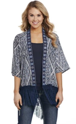 Cowgirl Up Womens Open Front Wrap Blue Multi Polyester Cardigan Sweater