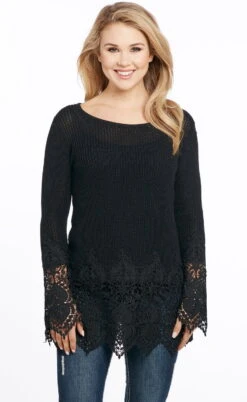 Cowgirl Up Womens Black Cotton Blend Lace Cuffs Sweater