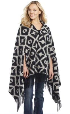 Cripple Creek Womens Navajo Blanket Wrap Hooded Black/Cream Polyester Poncho