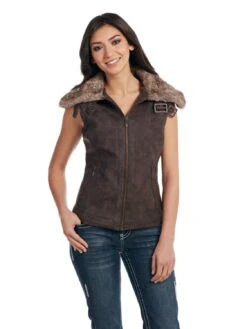 Cripple Creek Womens Coffee Bean Faux Leather Buckle Vest M