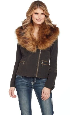 Cripple Creek Womens Faux Fur CC Coffee Bean Cotton Blend Cotton Jacket