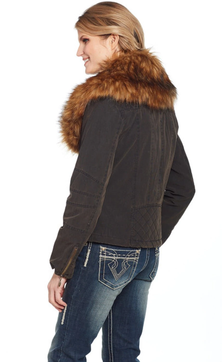 Cripple Creek Womens Faux Fur CC Coffee Bean Cotton Blend Cotton Jacket 2 Cripple Creek Womens Faux Fur CC Coffee Bean Cotton Blend Cotton Jacket - Image 2