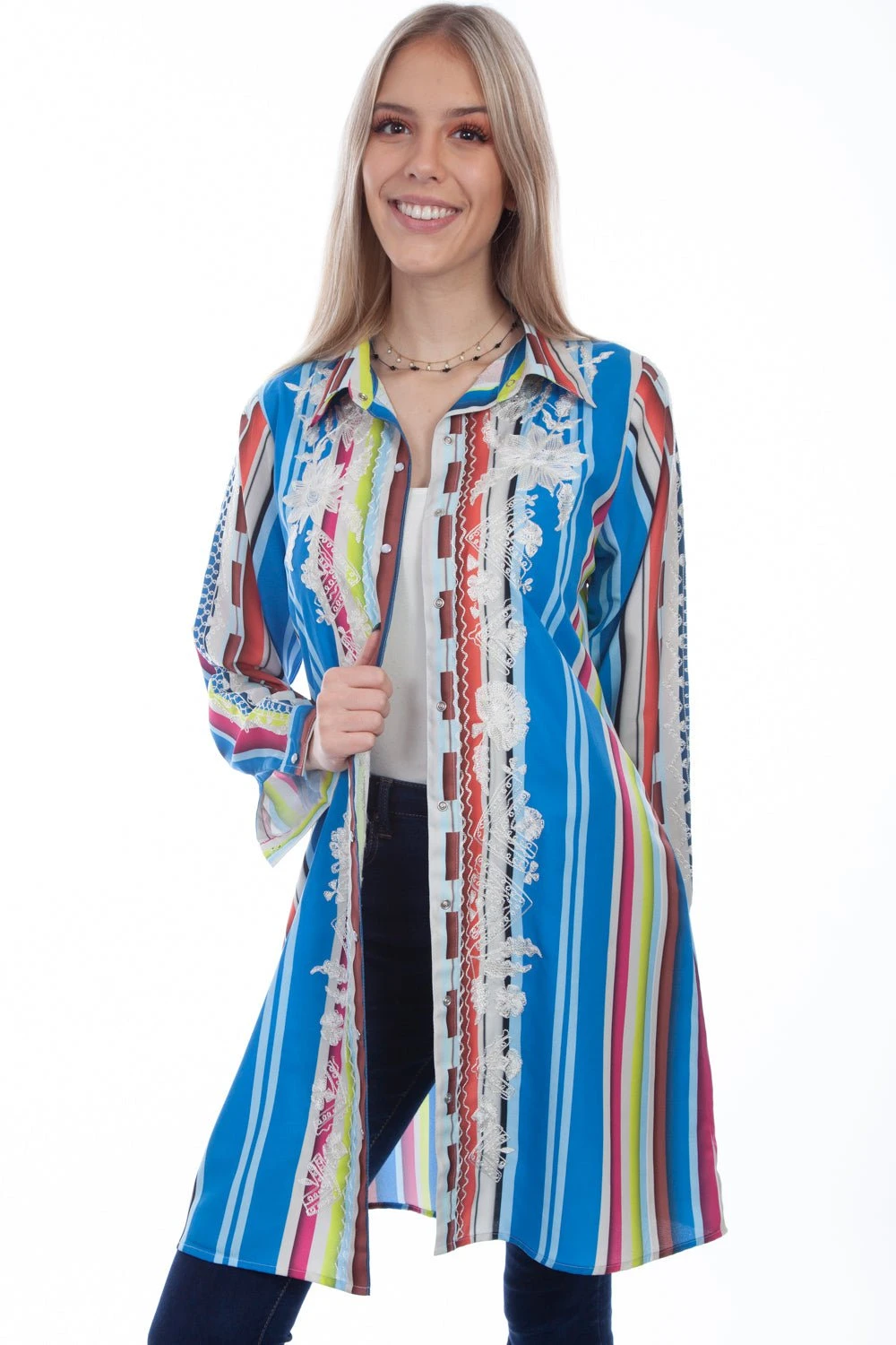 Scully Womens Multi-Color 100% Polyester Striped Duster 1 Scully Womens Multi-Color 100% Polyester Striped Duster