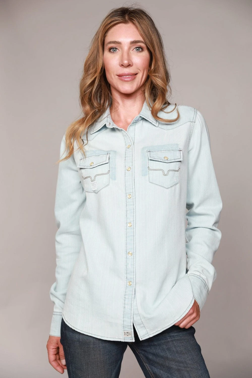 Kimes Ranch Womens Kaycee Top Destroy Denim Cotton Blend L/S Shirt 2 Kimes Ranch Womens Kaycee Top Destroy Denim Cotton Blend L/S Shirt - Image 2