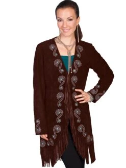 Scully Leather Womens Fringe Silver Embroidered Boar Suede Jacket Expresso XXL