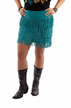 Scully Womens Turquoise Leather Tiered Fringe Skirt M