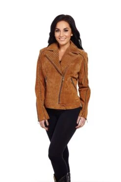 Cripple Creek Womens Cognac Leather Stud Zipper Jacket