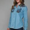 Kimes Ranch Womens KC Patched Top Indigo Denim Cotton Blend L/S Shirt